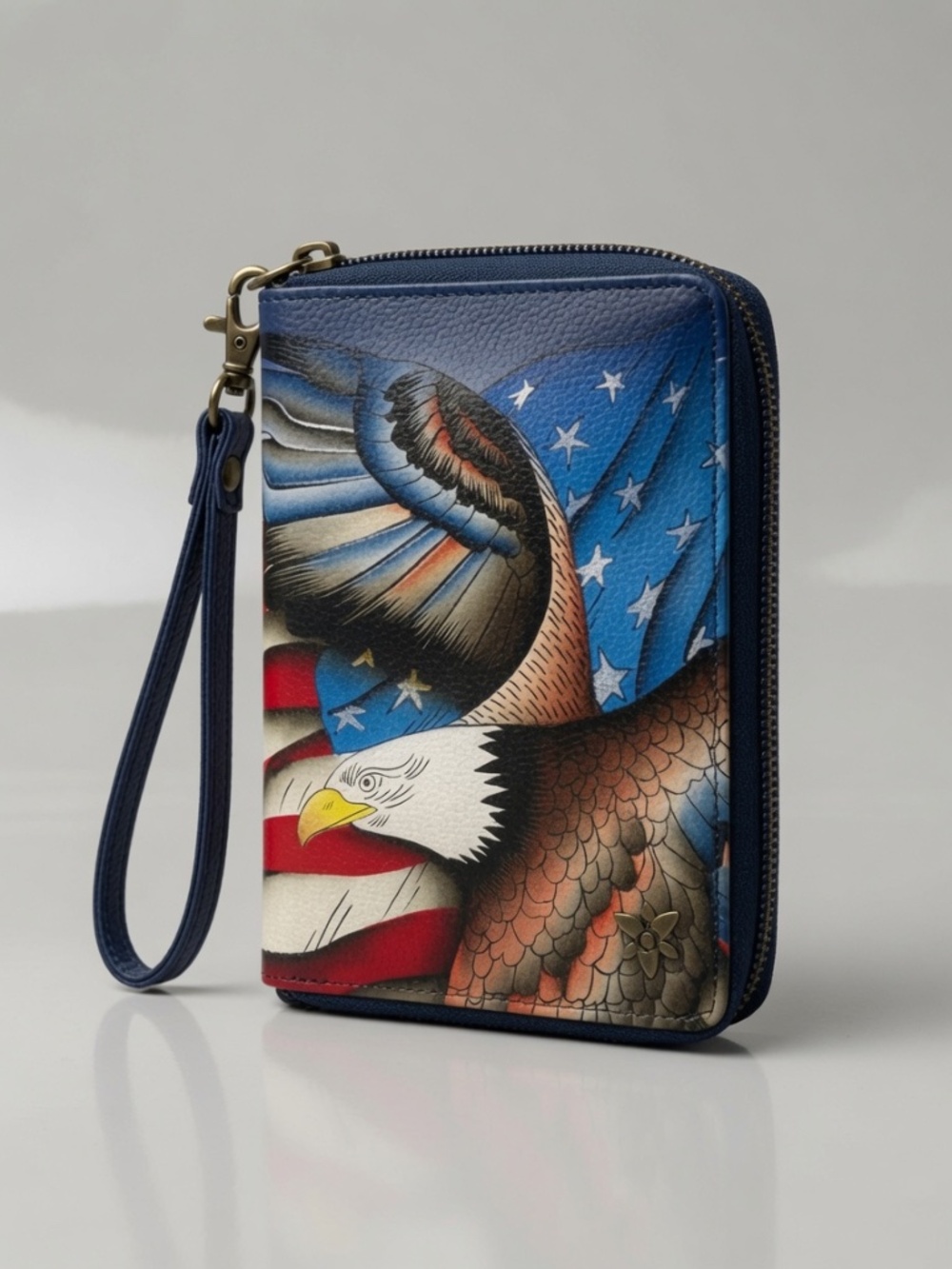 Anuschka Hand Painted Leather Eagle Flag Zip Around Organizer Wallet NWOT